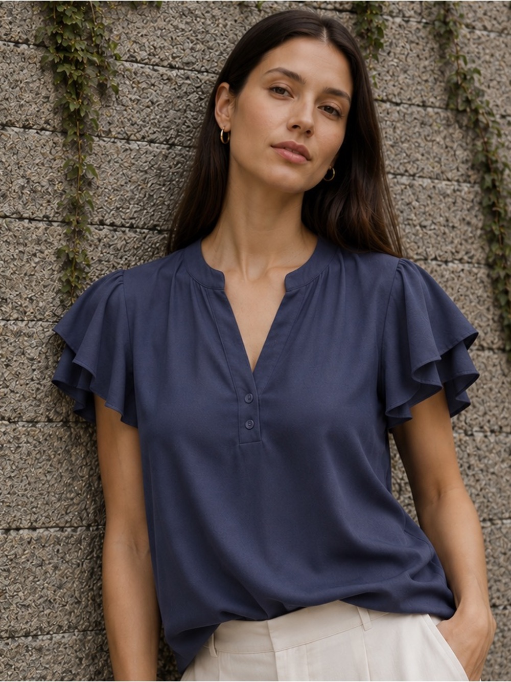 STEAL! NWT ANRABESS Blue Ruffle Sleeve V-Neck Blouse – XL - Stylish Comfortable